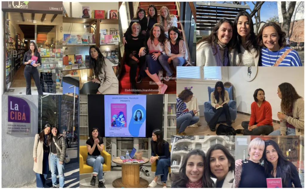 Collage de fotos de Victoria Bosc y sus experiencias durante la presentación de su libro